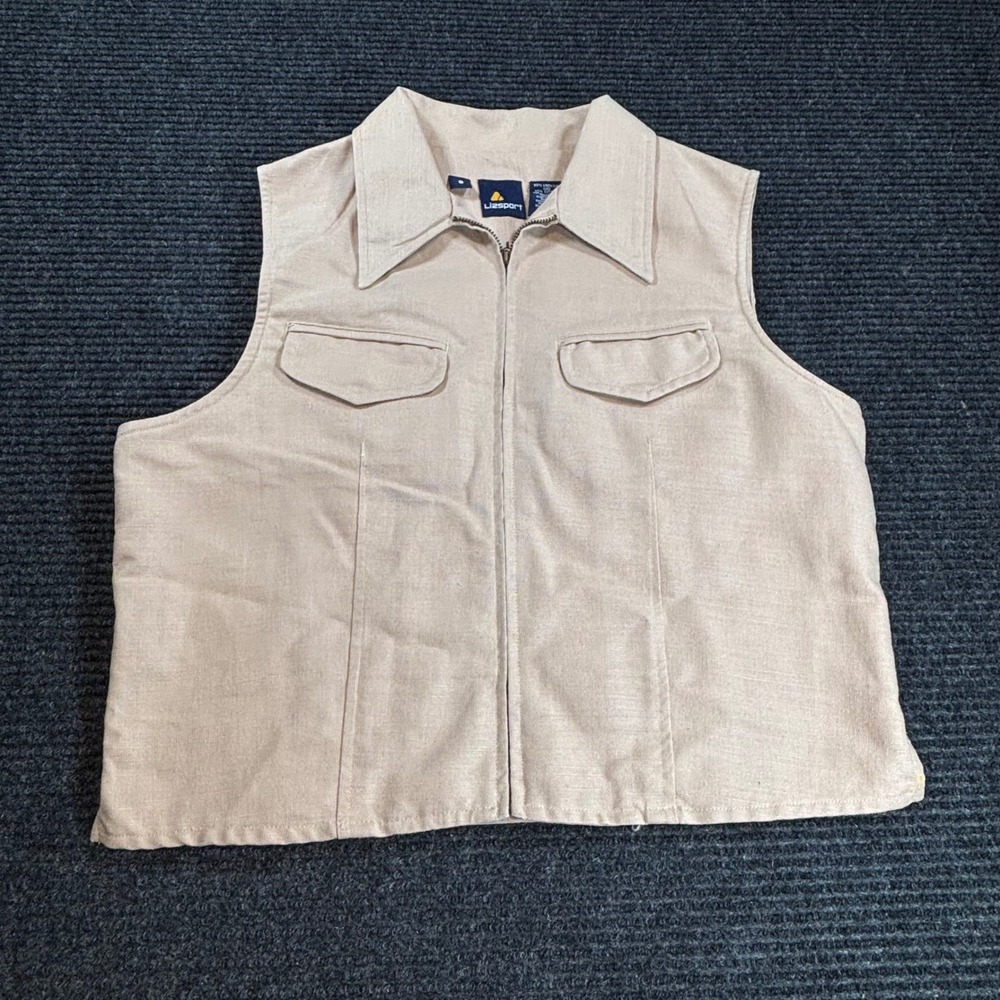 Lizsport Vintage Tan Linen‎ Cotton Zip Up Utility Vest Tan Size 8